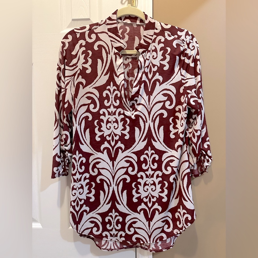 Burgundy and White Blouse